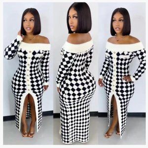 Women's Off-Shoulder Maxi Dress - Checked Print / White Trim / Front Slit